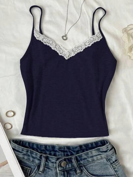 SHEIN Teen Girls' Navy Blue & White Lace Ballerina Style Tank Top