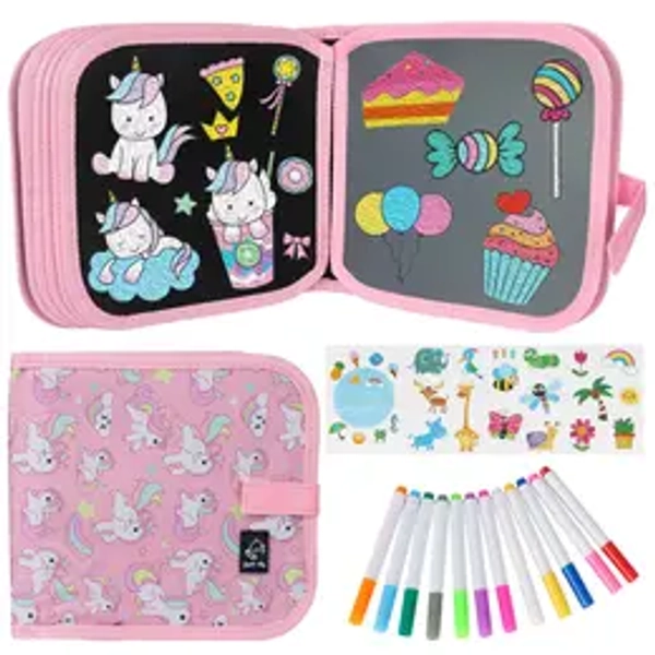 Erasable Reusable Watercolor Pen Doodle Set for Toddlers, Toddler Coloring Set 1 2 3 4 Years Old - Unicorn Reusable Drawing Book, 12 Watercolor Markers, 14 Pages of Art, Creative Play & Fun for Kids - Car Activity Travel Coloring Kit for Kids