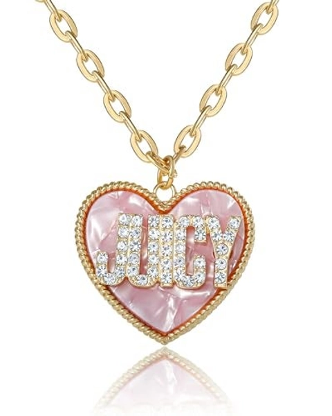 Juicy Couture Pink Mother of Pearl Heart Necklace for Women, 20"+4" Gold-Tone Rhinestone Necklace