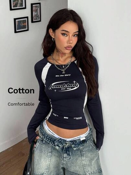 Coolane Women's Winter/Fall Streetwear Casual Game Day Back To School Casual Cotton Color-Blocked Dark Blue Round Neck Long Sleeve Tees