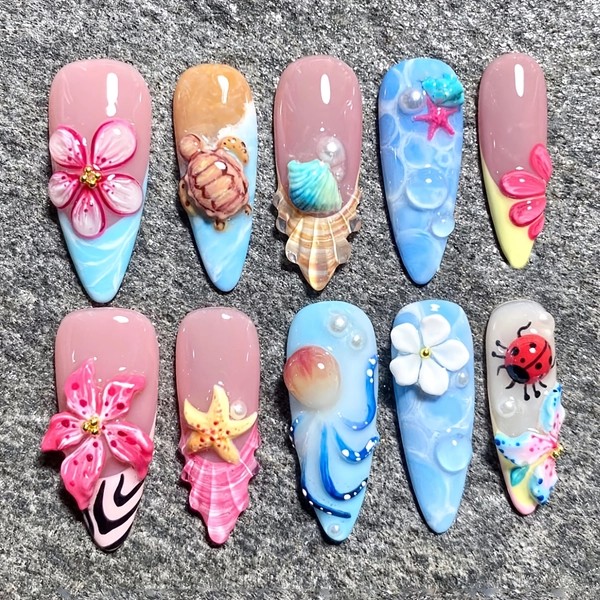 A Set of 24 Long Almond Type Press-On Fake Nails Marine Style Cute Turtle Octopus Starfish Sweet Flower Pure Desire Pearl Elegant Shell Lively Ladybug Suitable for All Women And The Box Comes with a Nail Rub And Jelly Glue for Easy to Paste And Wear