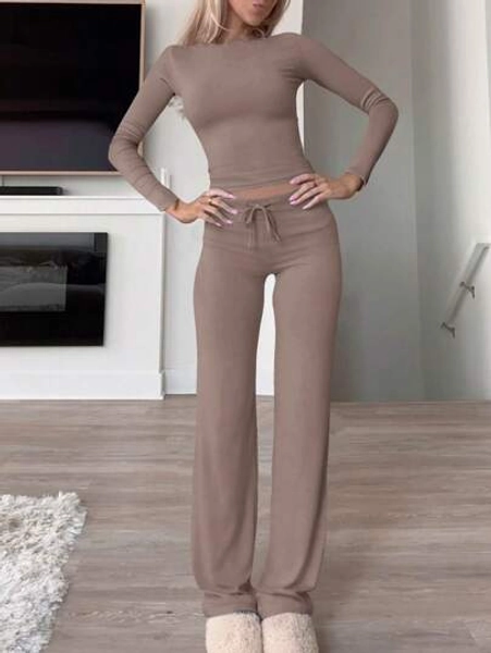 Women's Two Pieces Fall Women Clothes Y2K Sporty Casual Home Solid Color Fitted Long-Sleeved T-Shirt And Long Pants Set