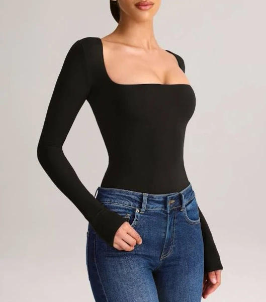 Oh Polly Modal Square-Neck Long-Sleeve Top