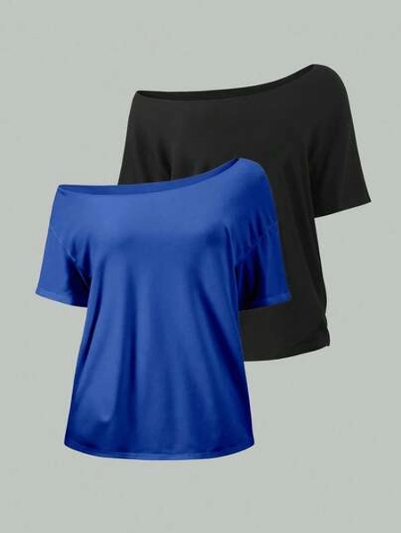 FavEase 2pcs Women's Loose Open Shoulder T-Shirt, Elegant Black And Navy Blue Oversized Solid Color Tops