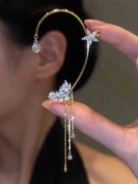 1pc Fashion Elegant Delicate Golden Butterfly Rhinestone Left Ear Cuff Earring, Suitable For Holidays, Everyday Wear