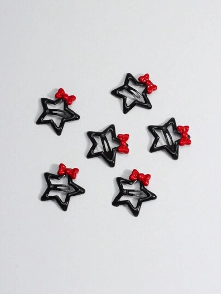 ROMWE Kawaii 6pcs Cute Black Pentagram & Bow Hair Clips, Suitable For Back To School Gifts And Daily Wear Valentines Claw Clips Hair Claws Hair Barrettes
