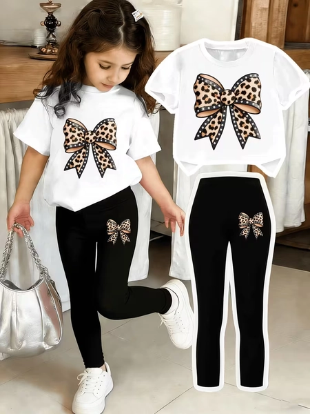 girls two piece tight leggings set fashionable leopard print - Temu