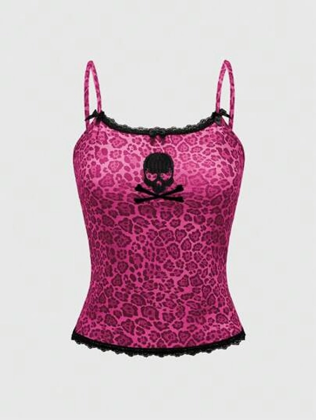 ROMWE Kawaii Y2K Style Abby PUNK Pink Leopard Lace & Skull Embroidered Women Tank Top
