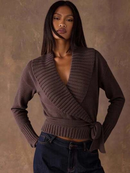 SHEIN BAE Women's Regular Solid Color Shawl Collar Drop Shoulder Long Sleeve Knotted Waist Sweater, Autumn/Winter,Winter,Winter Clothes ,Winter Clothes For Women,Fall Clothes For Women ,Halloween,Christmas , New Year ,Thanksgiving, Party ,Brown Lapel Sweater Jacket, Casual Sweater Jacket, Commuter Sweater, Autumn Fashion