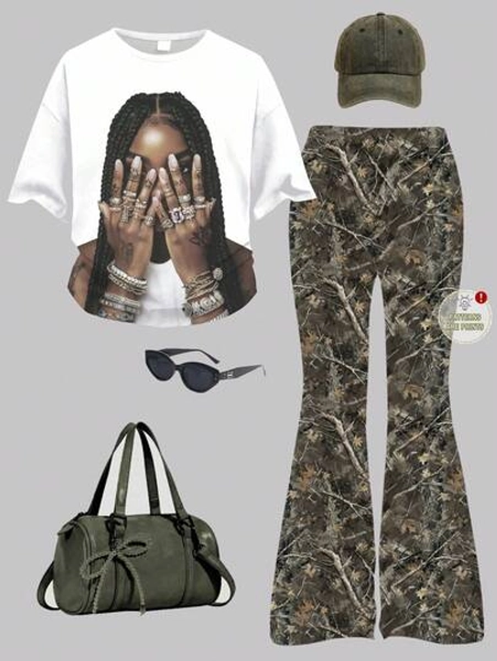 Casual Minimalist Personalized Fingerprint Tattoo Ring Print Graphic Tee & Wide Leg Pants 2 Pieces Set, Autumn New Arrival, Loose Round Neck Short Sleeve T-Shirt, Floral Branch & Leaf Print, Punk Style, Streetwear, Vintage, Back-To-School Outfit, Cute, Holiday Family Outdoor Spring Picnic Everyday Wear, Suitable For Various Occasions, Teen Girls Outfit Sets