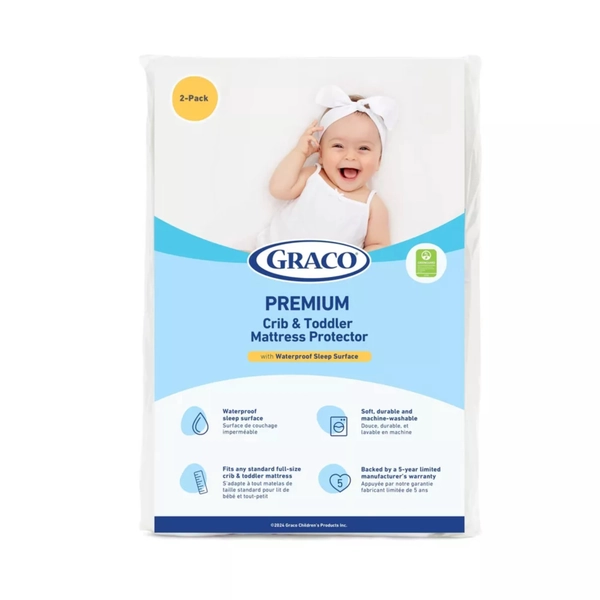 Refurbished Graco Premium Waterproof Crib and Toddler Mattress Protector, 2 Pack - 100% Polyester