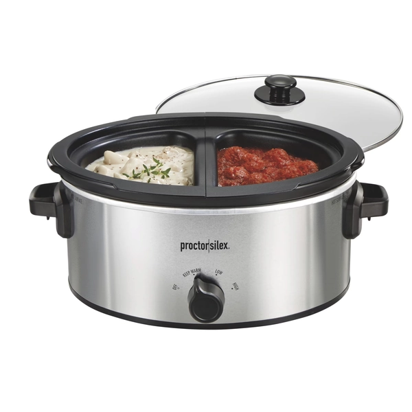 Proctor Silex 6 Qt Slow Cooker, Double Dish, Nonstick Aluminum Crock with Removable Pot, Stainless Steel