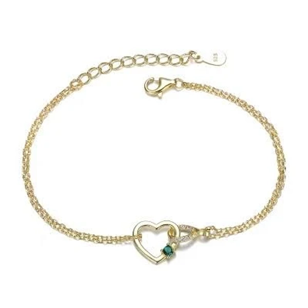 14K Gold Plated Heart Charm Bracelet with Emerald Green Cubic Zirconia