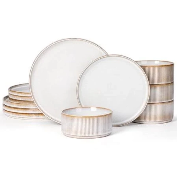 Vesteel 12-Piece Premium Stoneware Ribbed Dishes