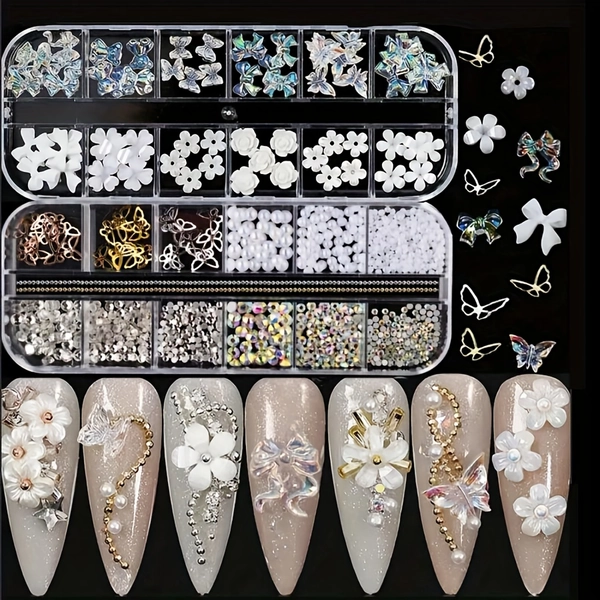 2Boxes Mixed Color 3D Nail Art Charms Set with Rhinestones- Funny Butterfly| Floral | Bow | Designs Nail Decoration Crafts Accessories for Hands and Feet, DIY Manicure Decorations Kit for Women s