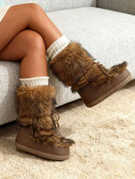 Faux Fur Snow Boots For Women Fuzzy Fluffy Furry Lace Up Mid Calf Boots Winter Warm Fur Boots