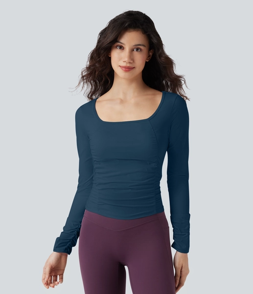 SoftlyZero™ Airy Square Neck Long Sleeve Ruched Cool Touch Workout Sports Top