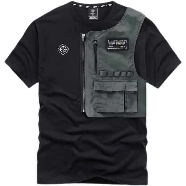 Fashion Men Black Techwear 100% Cotton Patch Stich Short Sleeve T-Shirts Summer Mens Oversized Locomotive Style Tooling T Shirt - AliExpress 200000343