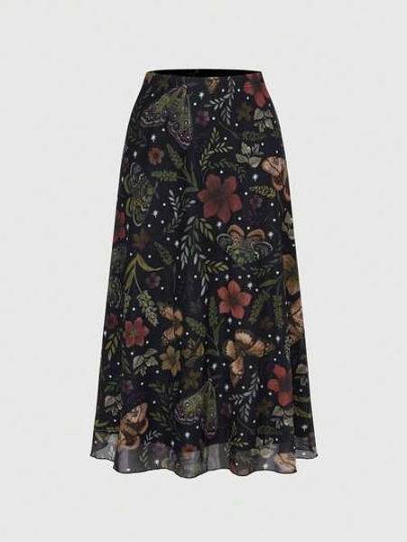 ROMWE Fairycore Women's Dark Gothic Style Bat, Skull, Moon, Pumpkin Print A-Line Punk Mini Skirt
