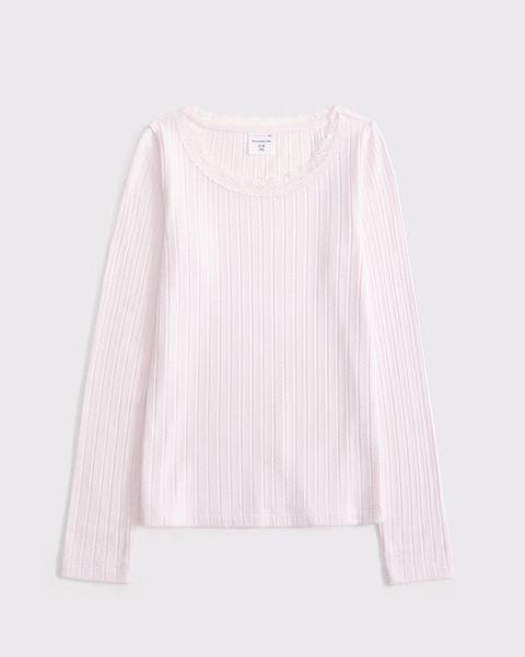 long-sleeve pointelle lace-trim top