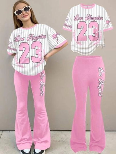 SHEIN Tween Girls' 2-Piece Set: Bright Pink Bowknot Striped Letter & Butterfly Print Cropped Tee And Flare Pants, Casual, Loose Fit, Summer