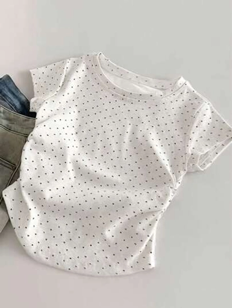INAWLY Casual Daily Simple Mori Girl Style Polka Dot Print Women T-Shirt