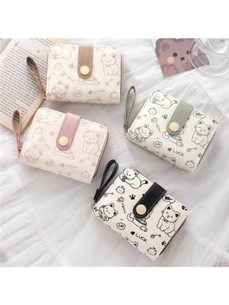 Short Women's Wallet Simple Kitten Pattern Coin Purse Multi-Functional Card Holder With Multiple Card Slots Money Bag Wallet Purse Wallet Mini Wallet Small Wallet Cute Wallet