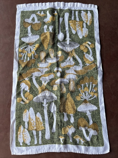 Cotton Tea Towel 27”x16” Mushrooms Green, White, Gold, Brown Lightweight