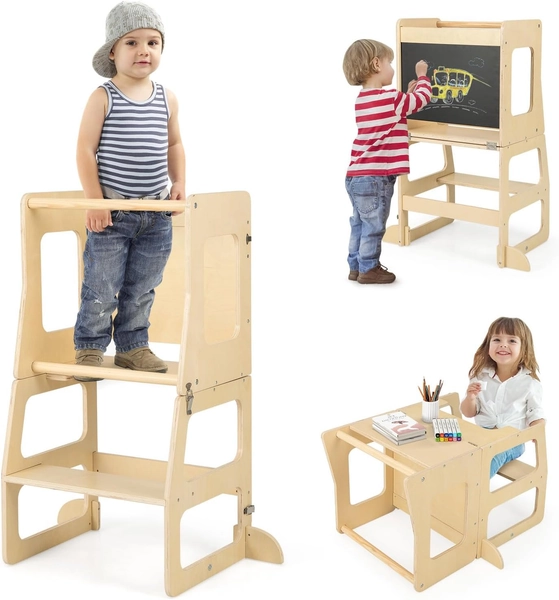 3 en 1 Tour d'apprentissage Enfant avec Tableau Noir, En Bois avec Rail de Sécurité & Pieds Anti-Bascule, Pour Enfant 3 an+, Naturel