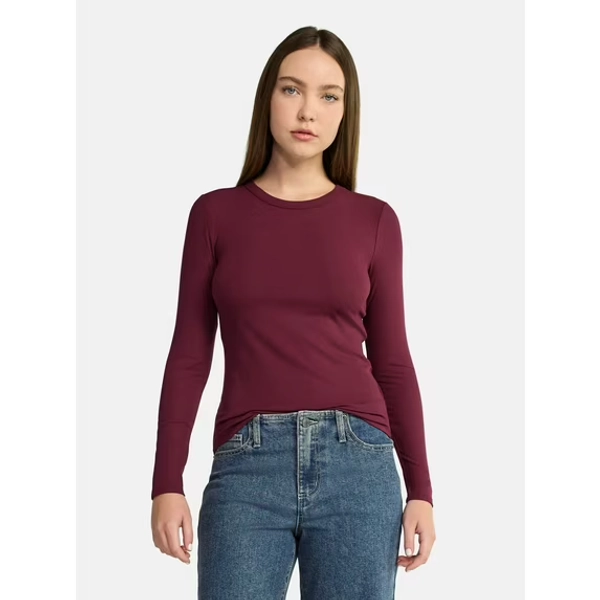 No Boundaries Crew Ribbed Tee with Long Sleeves, Women's