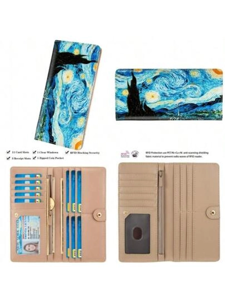 Ultra Slim Thin Leather Women Wallet Rfid Blocking Credit Card Holder Bifold Clutch Van Gogh The Starry Night