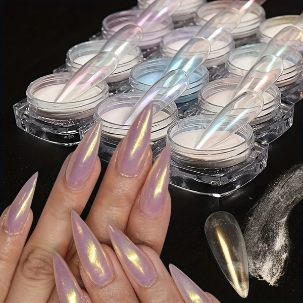 12pcs/set Holographic Mirror Nail Glitter - White Chrome Pearl Dust for Full Holographic Decoration - Nail Art Paint for Dip Powder Manicure