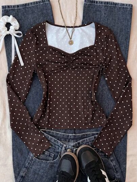 Teen Girls Brown & White Polka Dot Ruched Bust Fitted Long Sleeve Versatile Preppy Minimalist Streetwear T-Shirt - Size 13Y