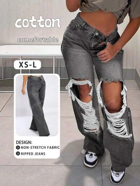 Streetwear Pocket Elegant Elegant Commute Casual Sporty Youthful Sexy Distressed Collegiate Retro Straight Leg Relaxed Fit Washed Women Jeans