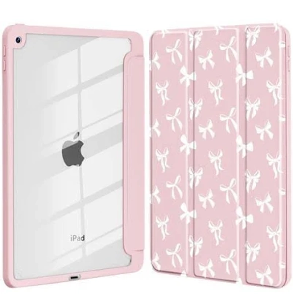 Idocolors Cute White Bow Case for iPad 2022/2025 (10th/11th Gen) 10.9", Clear Hard Back Cover with Pencil Holder, Tri-fold Full Wrap Protective Case f