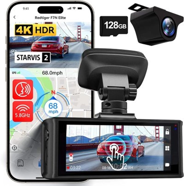 REDTIGER - RTF7NETL 4K HDR Dash Cam Front and Rear, 5.8GHz WiFi APP, 3.18" Touchscreen, Voice Control, 128G， WDR, GPS - Black
