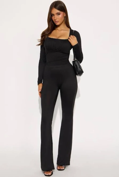 Fashion Nova Ruched Long Sleeve Baby Tee Flare Pant Set
