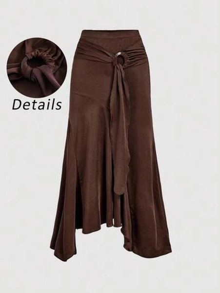 SHEIN MOD Christmas Plus Size High Waist Ruffle Asymmetrical Hem Skirt Brown Midi Skirt Tie Skirt Wrap Skirt Asymmetrical Skirt Brown Tie Skirt