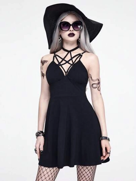ROMWE Goth Gothic Style Women's Sexy Solid Color Summer Mini Dress