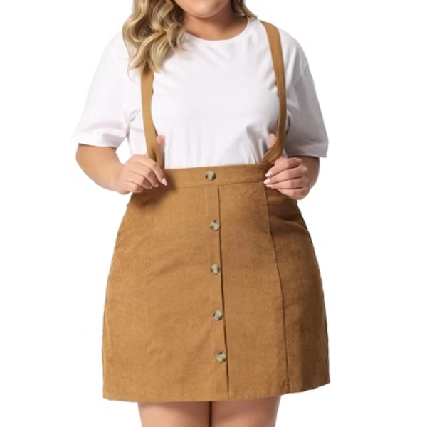 Agnes Orinda Women's Plus Size Corduroy Suspender Elastic Back A-Line Mini Skirt Brown 4X