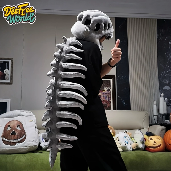 1 Set of Ultra-Realistic Dinosaur Skeleton Costume | Full-Body Gray Dragon Skeleton Cut with Plush Mask Hood, Highly Fashionable and Playful, Suitable for Masquerade Costumes, Cosplay Party Costumes, Halloween Horror Costume Props, a Plush Costume
