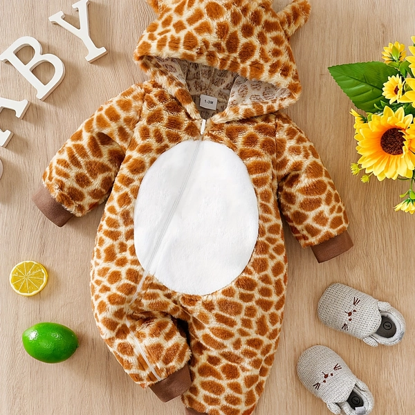 Baby Giraffe Print Winter Romper with Zipper & Hood - Thick Fleece-Lined Long Sleeve Onesie, Soft Brown & White Animal Pattern, Perfect for Fall/Winter, Baby Winter Clothes, Cozy Infant Wear, Playful Infant Design, Soft Infant Fabric, for Outdoor