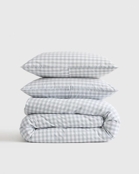 Classic Organic Percale Gingham Duvet Cover Set in Blue Fog