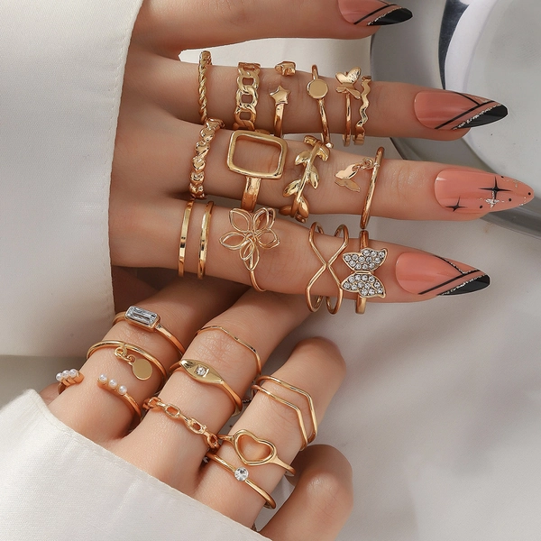 22pcs Women Rings Arrow Knot Star Moon Foot Ring Set Finger Ring