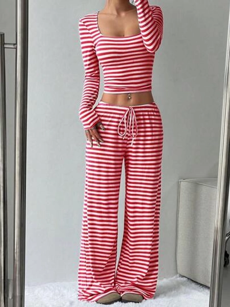 Flirla Striped Long Sleeve & Pants Casual Women Set Fall Cloth For Women