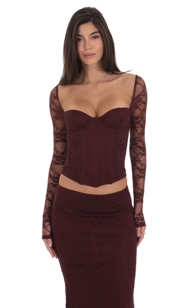 Longe Sleeve Lace Corset Top in Deep Wine | LUCY IN THE SKY