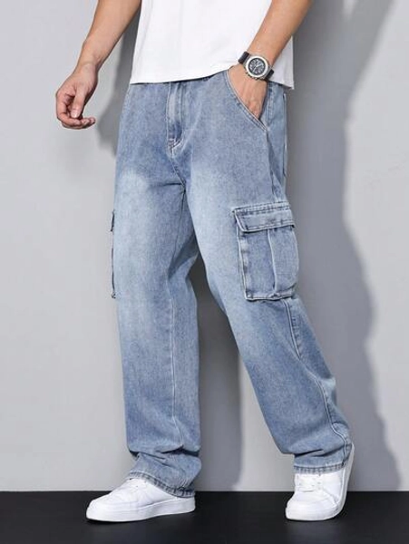 Manfinity Homme Men's Casual Loose Fit Jeans With Pockets Jeans For Men Cargo Baggy