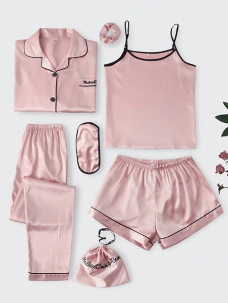 LuxeNights 7pcs Contrast Binding Satin PJ Set / Pajama Set, Fall Winter Clothes Cozy And Elegant Details