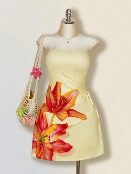 SHEIN ICON Tie-Dye Floral Print Waist Drawstring Hollow Bodycon Sun Dress, Holiday, Dating, Valentine's Day, Afternoon Tea, Summer,Sun Dresses For Women