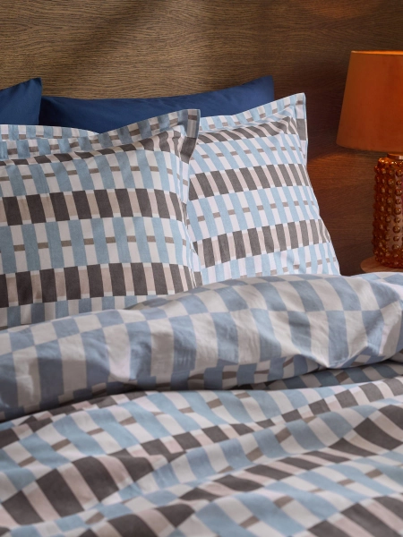 Blue Cotton Stripe Geometric Reversible Duvet Cover and Pillowcase Set